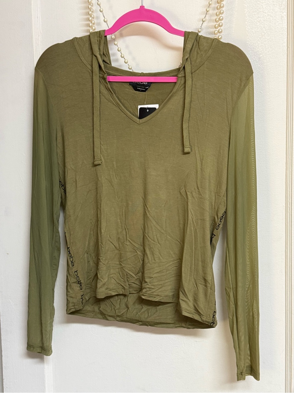 Bebe Olive Green Hooded Sheer Long-Sleeve Top Large